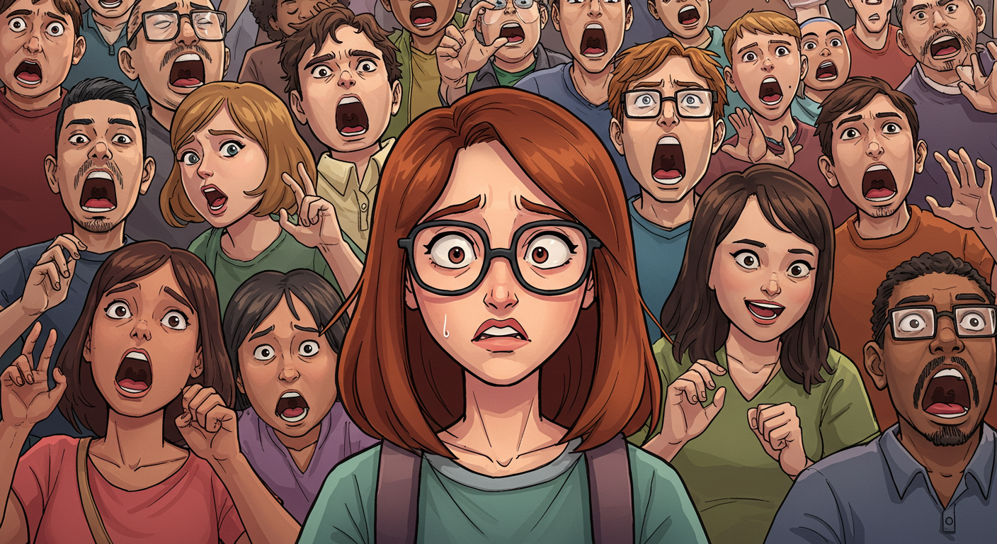Image (Created with ImageFX): An illustration of a woman with brown hair and glasses looking overwhelmed while standing in a crowd of people who are all talking and yelling at once. Cognitive overload and media consumption.