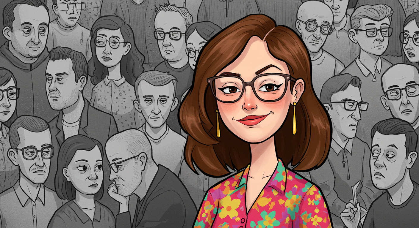 Woman with brown hair and glasses standing out from a crowd. She is in color. The crowd is not.