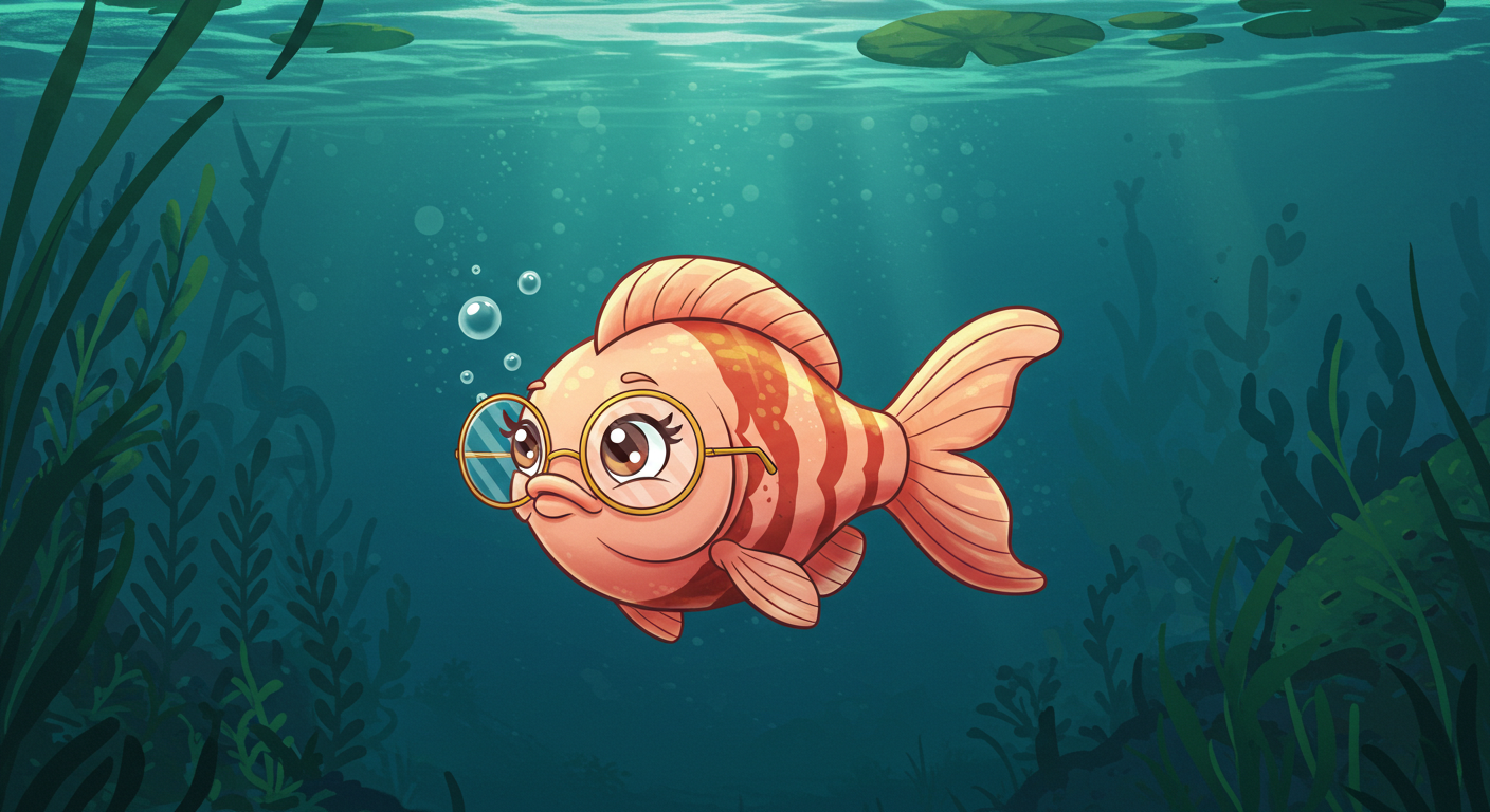Cartoon illustration of a peach colored fish swimming underwater with auburn stripes and wearing glasses. Her eyes have eyelashes. She is a small fish in a large pond setting.