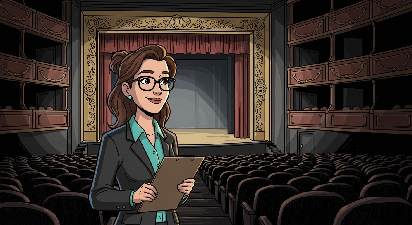 Hand drawn animated still of a woman with brown hair halfway up wearing glasses and a casual black suit with a teal shirt waiting in the wings of a theatre stage. She is watching the stage and holding a clipboard. She is smiling. The light from the stage is cast on her face.