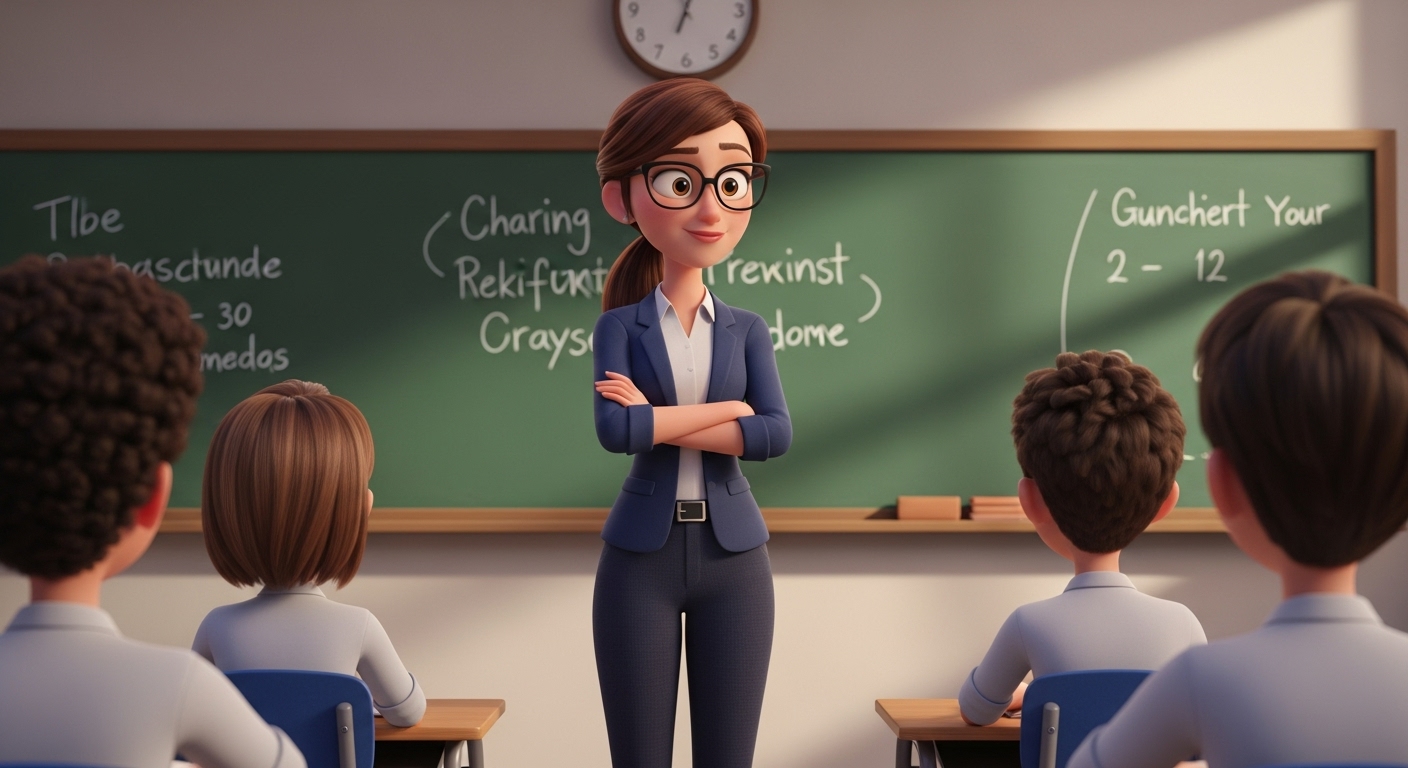 CGI Animated still of a woman with brown hair in a ponytail and glasses standing confidently at the front of a classroom. You can see the back of the students heads. They are of high-school age.