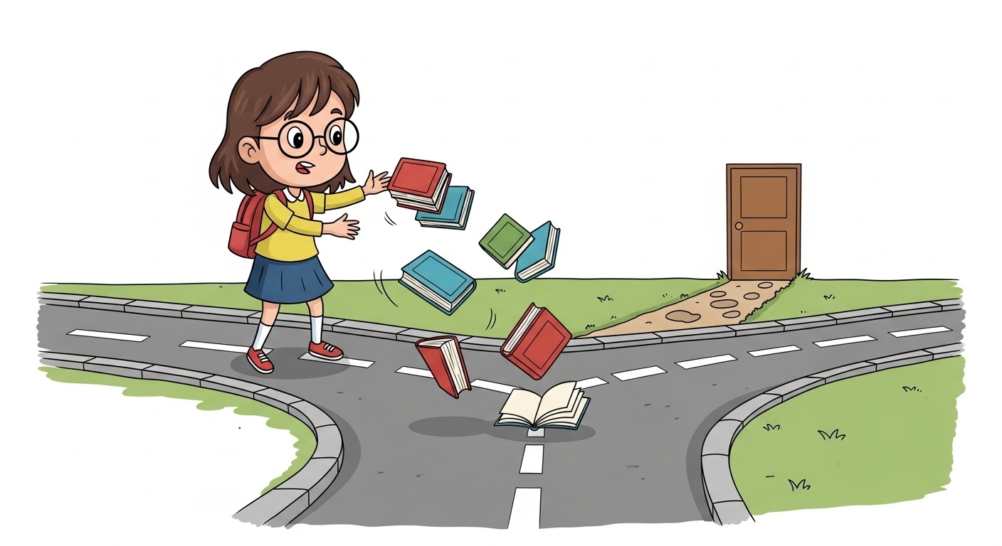 Girl with glasses and brown hair, dropping her books on a sidewalk next to a dirt pathway to a door.