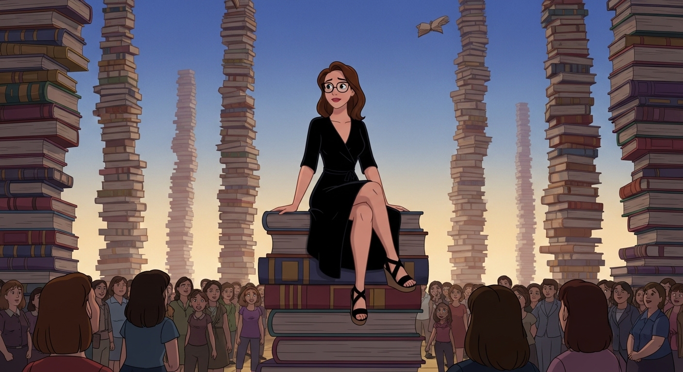 Animated still in the style of Walt Disney's Sleeping Beauty, of a woman with shoulder length brown hair and glasses, wearing a black wrap dress and black leather wedges. She is sitting on a tower of books, there is a crowd facing her on the ground below. In the background are similar stacks and stacks of books high in the air.