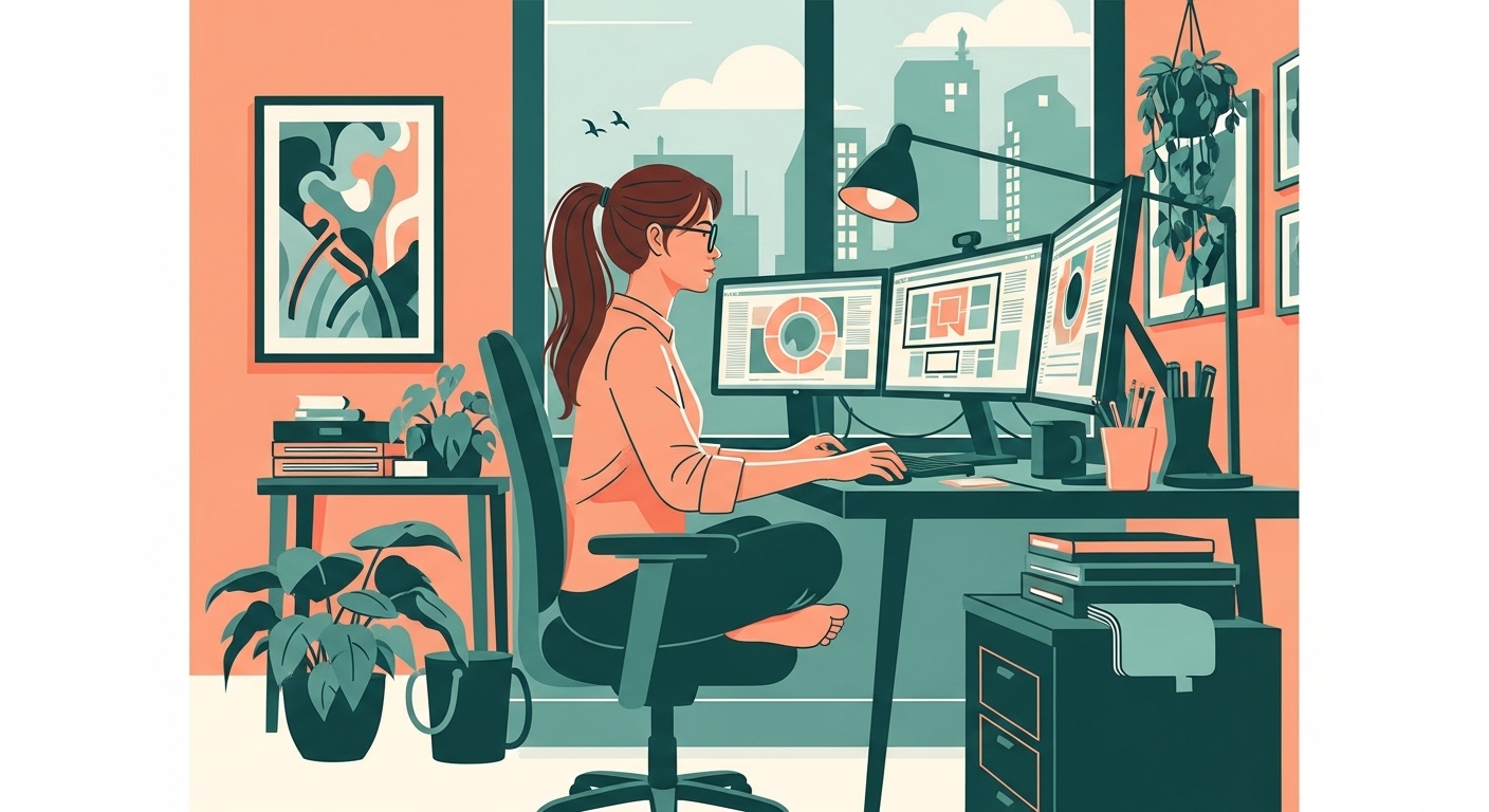 Minimalistic color block illustration with peach, teal, and dark greens of a woman with brown hair in a ponytail, wearing glasses, sitting crosslegged on a computer chair facing her desk in front of three monitors, designing. She is surrounded by a beautifully organized office. The aesthetic is art, plants, and cityscape in the background. The image shows the woman from the side.