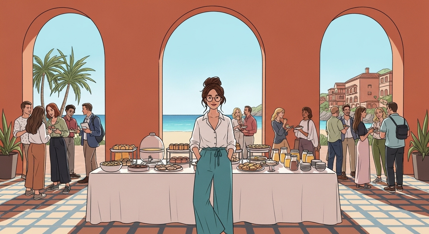 Illustration of a woman with brown hair in a messy bun, wearing glasses, flowy teal pants and white linen shirt, standing next to a table full of catered breakfast, in front of an open terra cotta windowless archway. Behind her is a beach and some spanish style building. She is standing in a high ceilinged space with beautiful tiles on the floor. There are about 20 people milling around, chatting and laughing together as they gather to eat breakfast. They are carrying notebooks and pens.